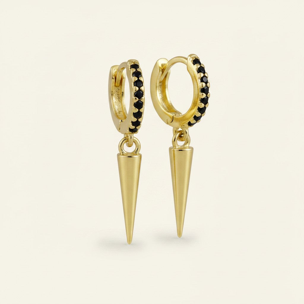 🖤 18k Gold Filled Black CZ Spike Hoop Earrings — Dark Crystal Above. Gold Point Below.