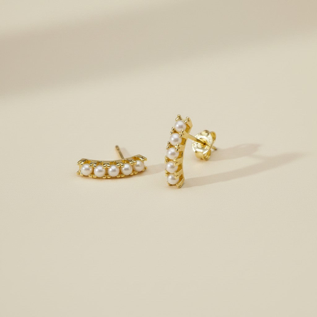 🤍 18k Gold Filled Pearl Row Curved Stud Earrings — A Line of Pearls. The Softest Statement