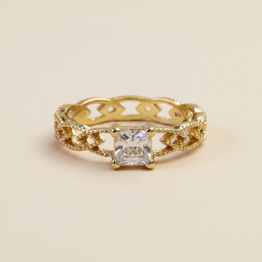 💎 18k Gold Filled Princess Cut CZ Vintage Band Ring — Square Stone. Engraved Band. Old Hollywood at the Finger.
