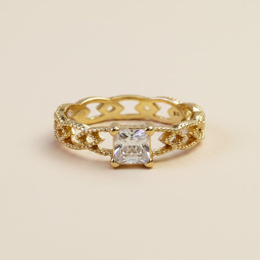 💎 18k Gold Filled Princess Cut CZ Vintage Band Ring — Square Stone. Engraved Band. Old Hollywood at the Finger.