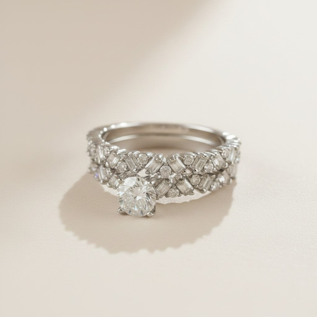 💎 .925 Sterling Silver Moissanite Two-Piece Ring Set — GRA Certified. Solitaire + Alternating Band. Worn Together or Apart.