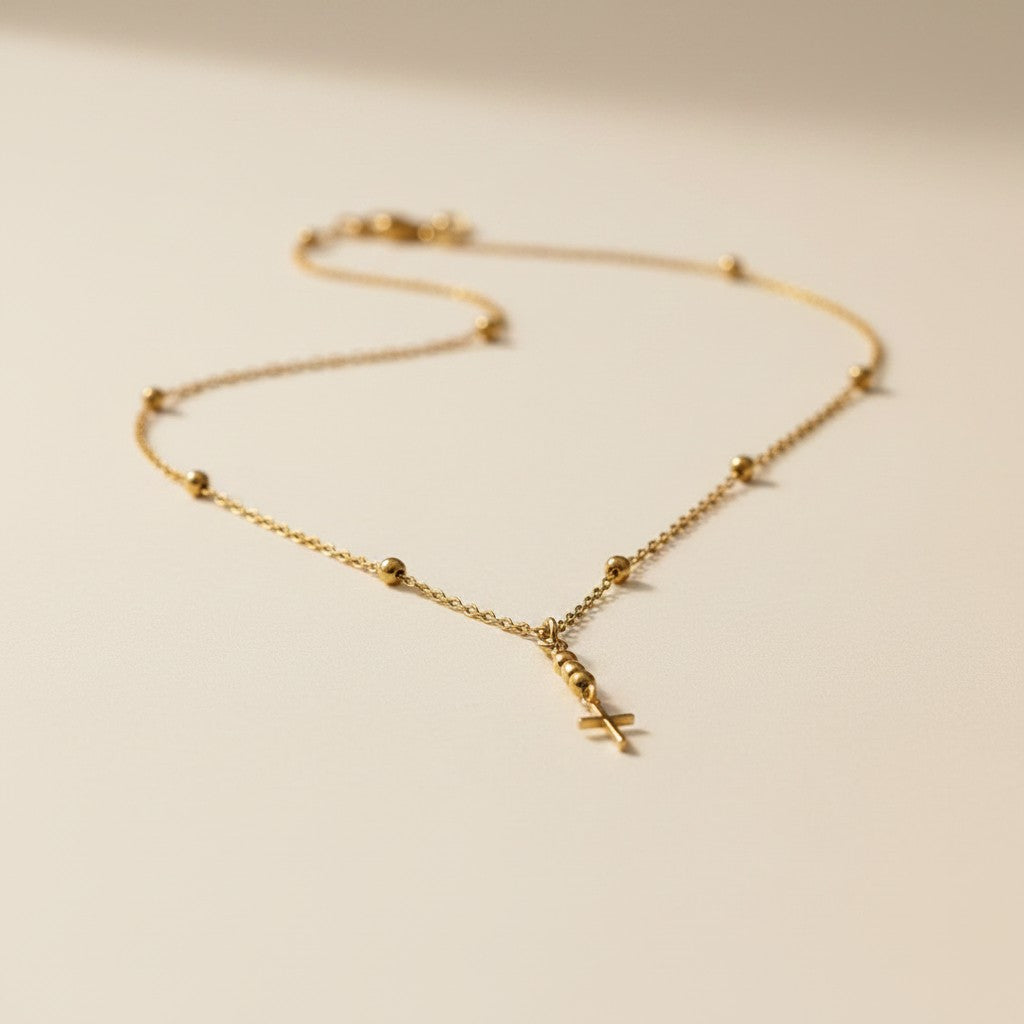 18k Gold Filled Simple Cross Necklace | Beaded Chain, Timeless Faith