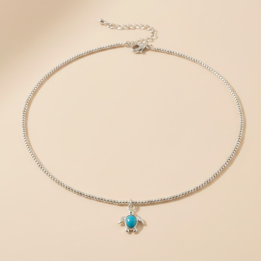 🐢 .925 Silver Filled Sea Turtle Beaded Choker — Salt Water. Silver Beads. One Little Turquoise Turtle.