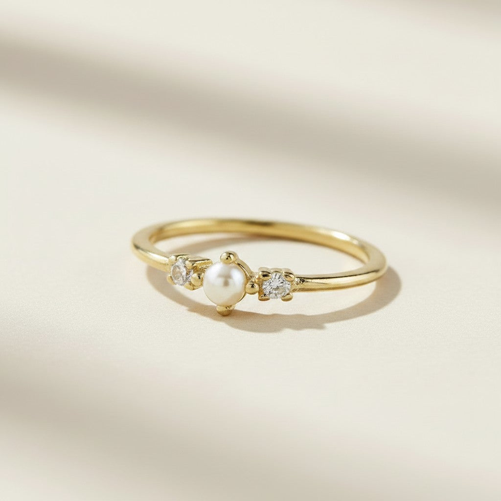 18k Gold Filled Pearl & Crystal Ring