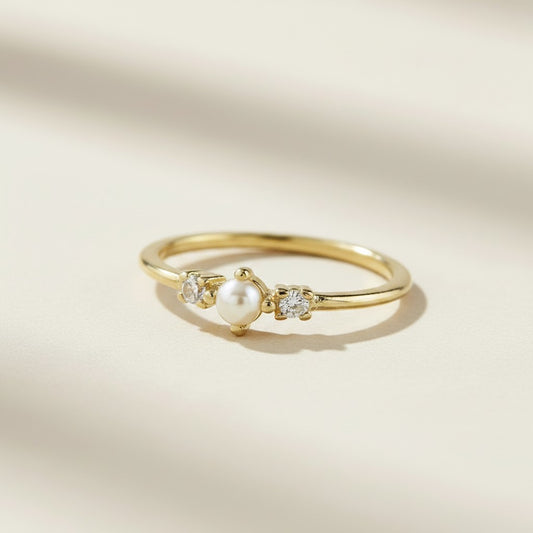18k Gold Filled Pearl & Crystal Ring