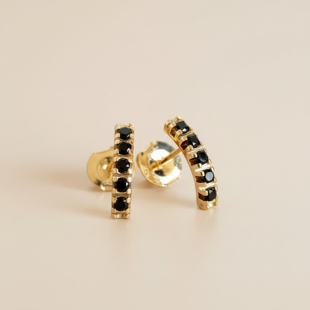 18k Gold Filled Curved Bar Black Crystal Stud Earrings