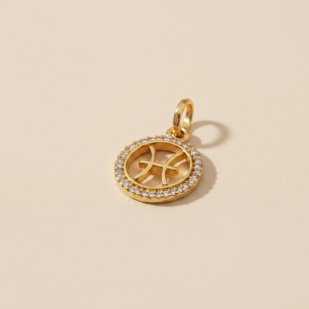 ♓ 18k Gold Filled Mini Pisces Zodiac Pendant — The Dreamer's Sign. CZ-Edged. Worn With Depth.
