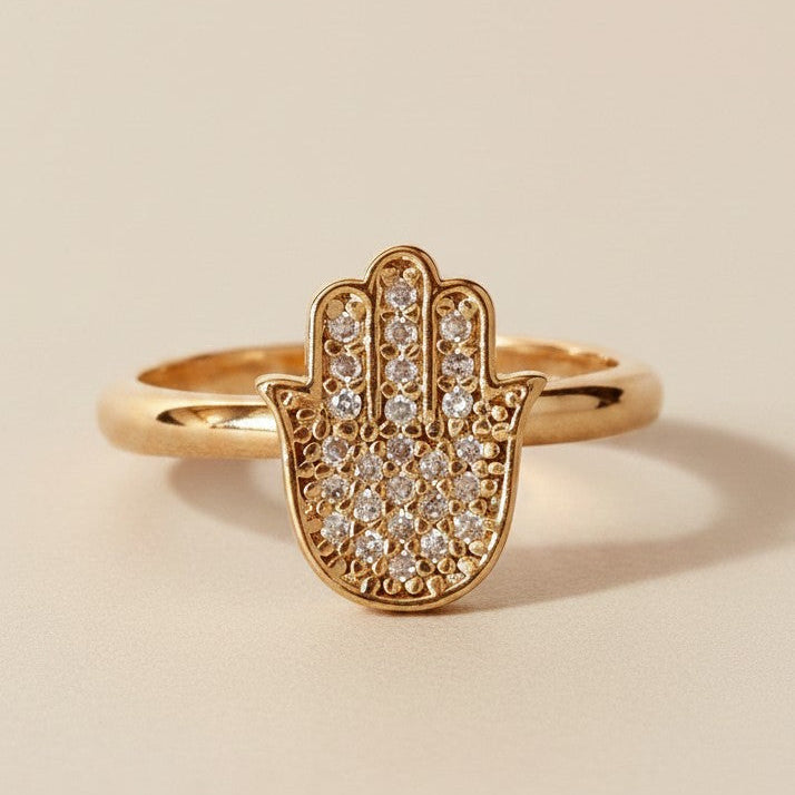 🤲 18k Gold Filled Hamsa Ring — Protection at the Finger. Pavé CZ. Always.