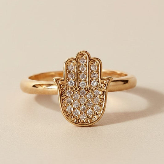 🤲 18k Gold Filled Hamsa Ring — Protection at the Finger. Pavé CZ. Always.
