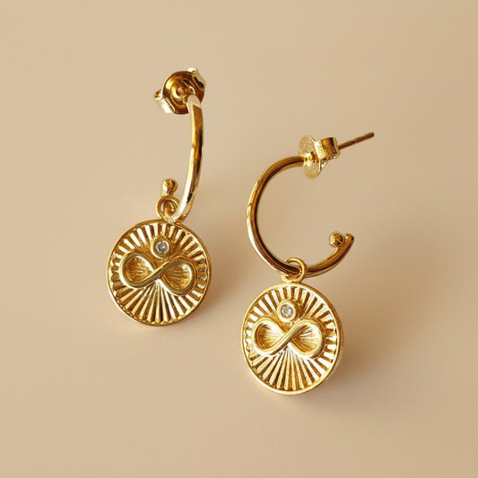 ✨ 18k Gold Filled Infinity Sunburst CZ Hoop Earrings — Forever, Radiating Outward.