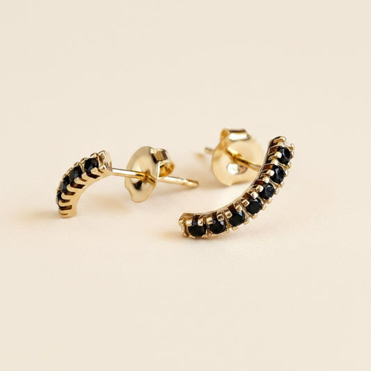 18k Gold Filled Curved Bar Black Crystal Stud Earrings