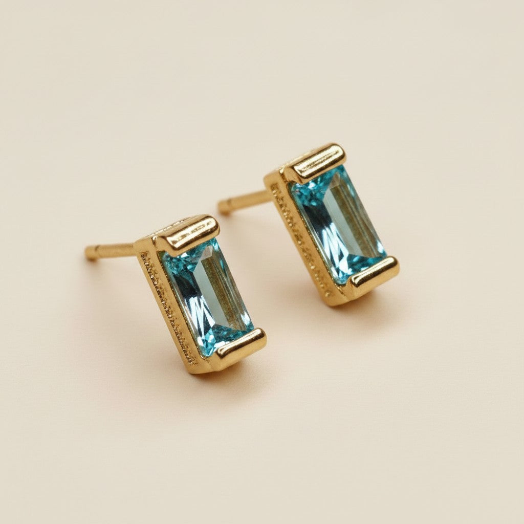 18k Gold Filled Baguette Birthstone Stud Earrings | Personalized Birthday Gift