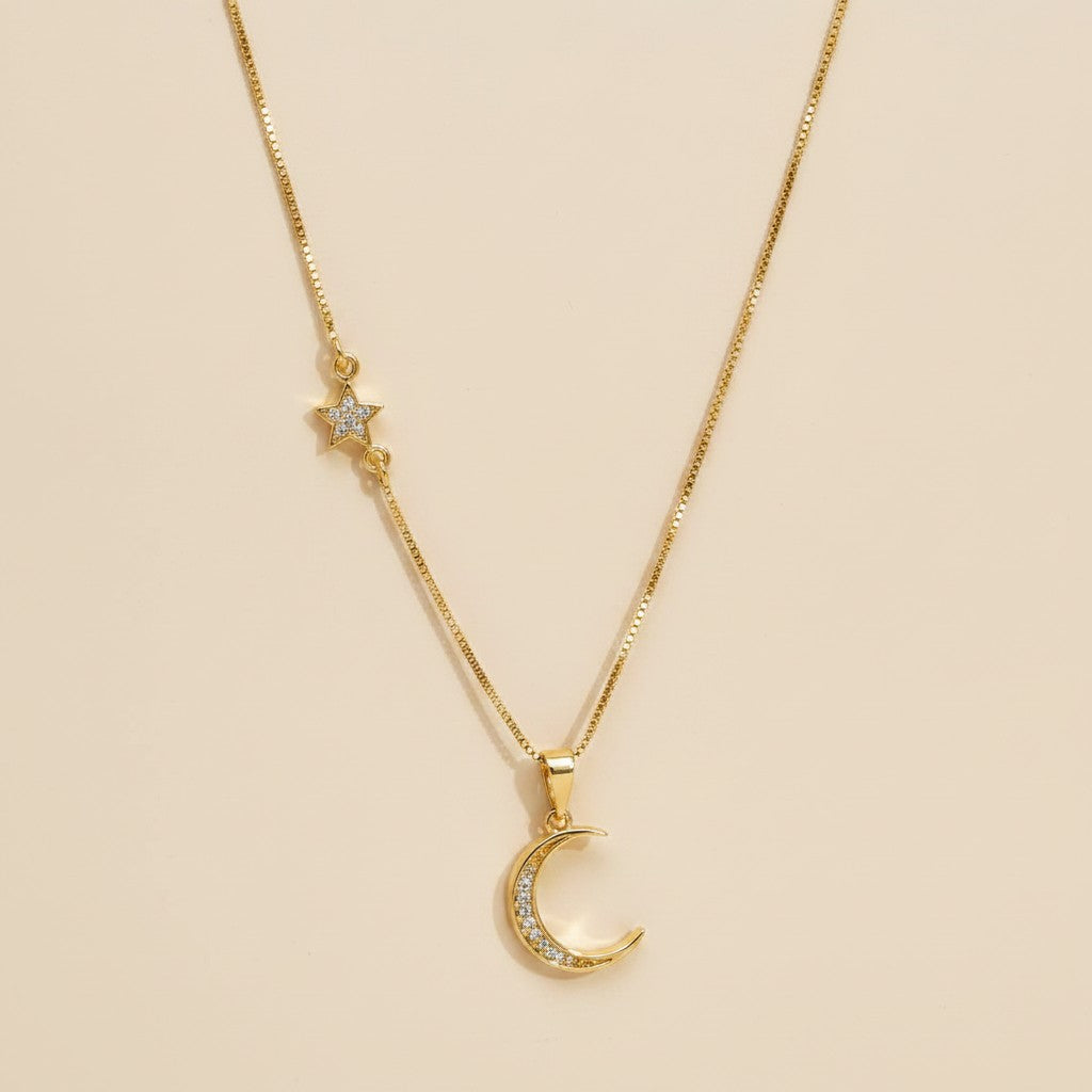 18k Gold Filled Crescent Moon &amp; Star Necklace | Celestial Sparkle