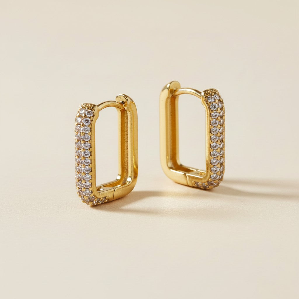 ✨ 18k Gold Filled Pavé CZ Rectangular Clicker Hoop Earrings — Every Surface. Fully Sparkling.