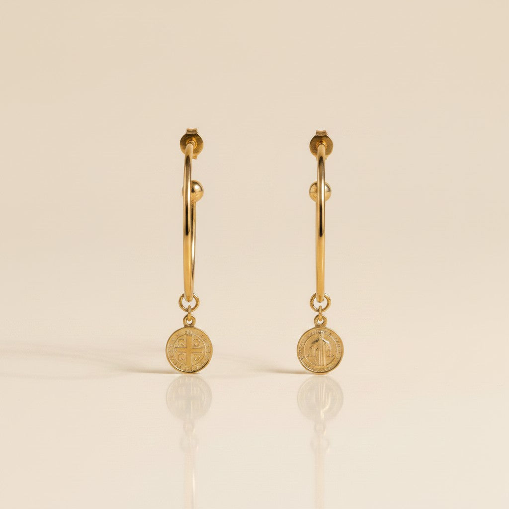 18k Gold Filled Saint Benedict C-Hoop Earrings — Faith, Worn With an Edge