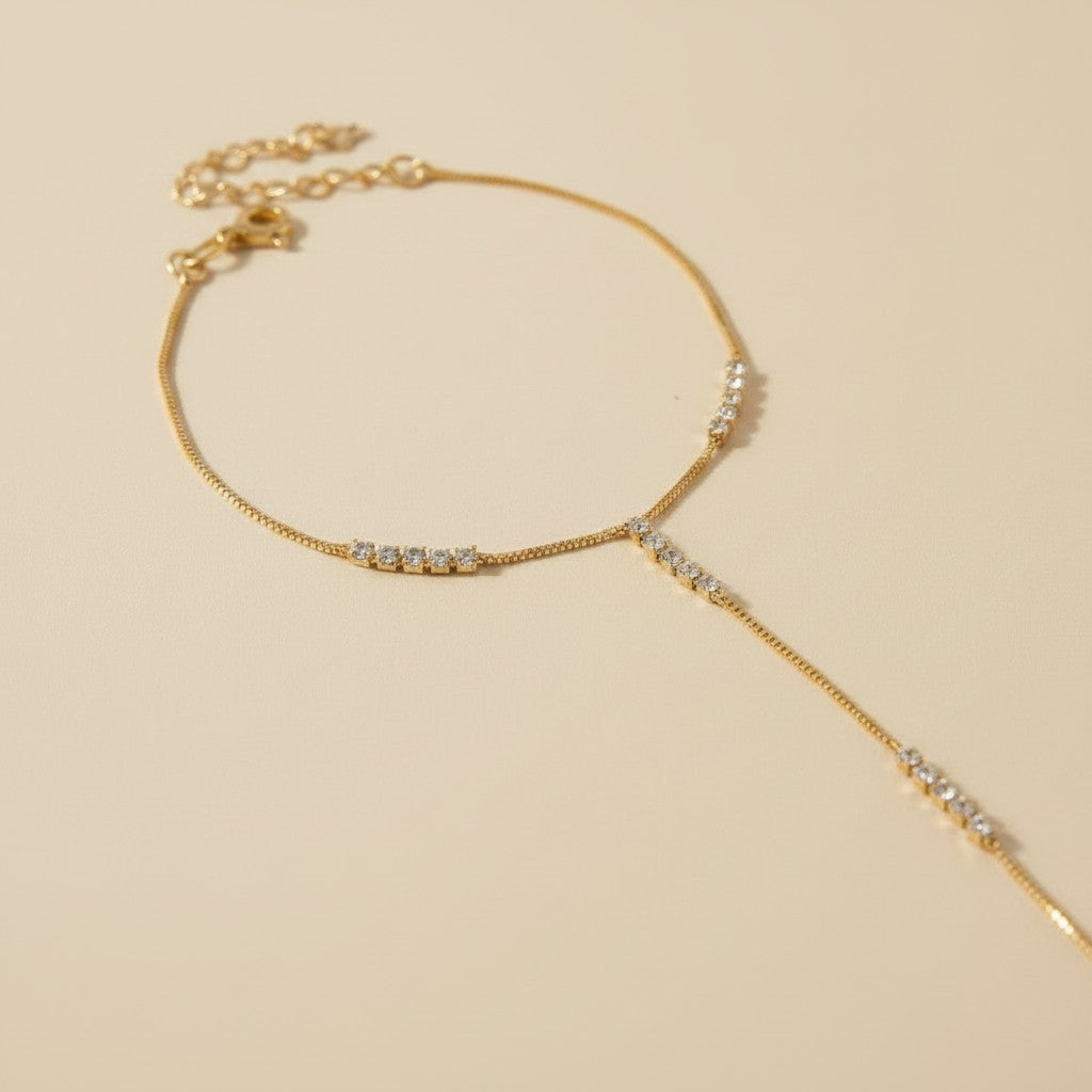 ✨ 18k Gold Filled CZ Row Hand Chain — Continuous Sparkle. Wrist to Finger. Every Gesture Luminous.
