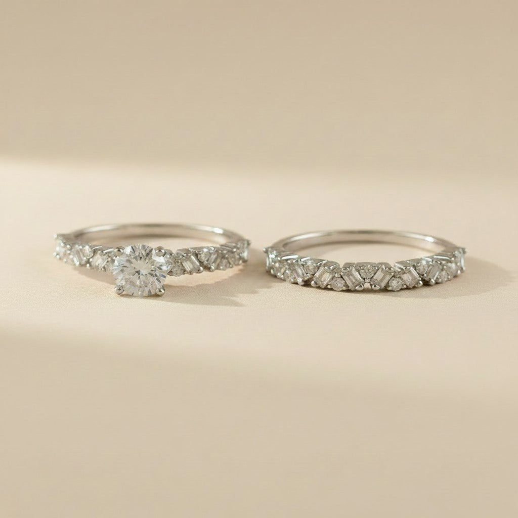 💎 .925 Sterling Silver Moissanite Two-Piece Ring Set — GRA Certified. Solitaire + Alternating Band. Worn Together or Apart.