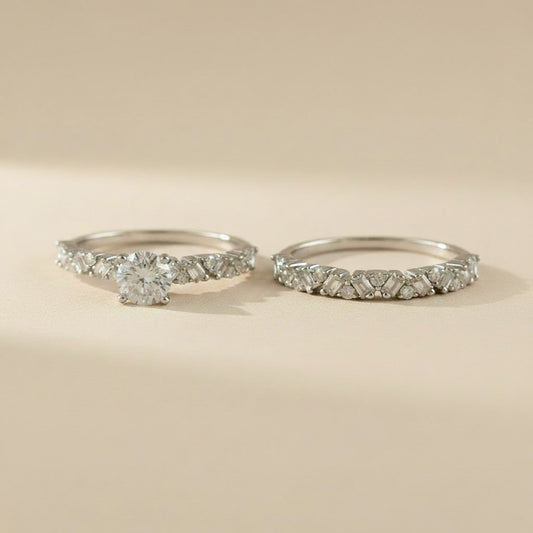 💎 .925 Sterling Silver Moissanite Two-Piece Ring Set — GRA Certified. Solitaire + Alternating Band. Worn Together or Apart.