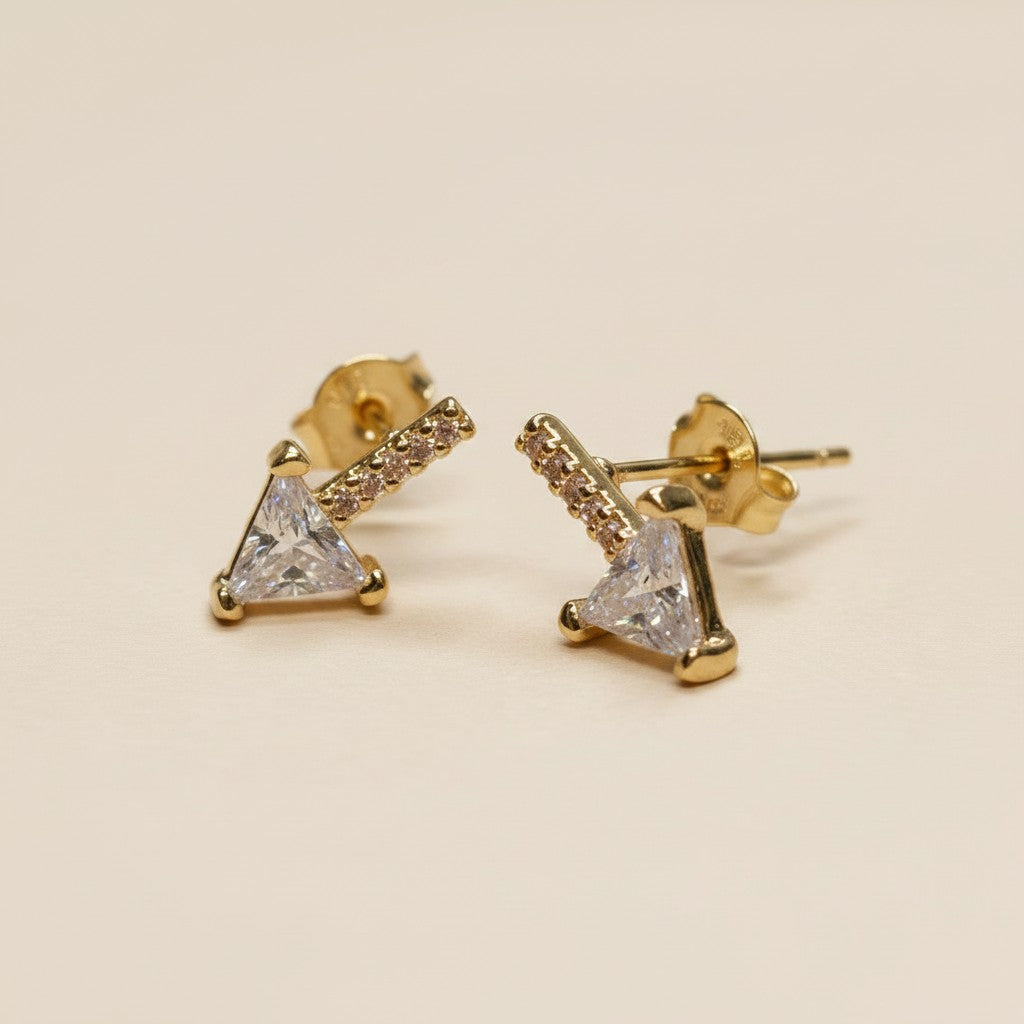 ✨ 18k Gold Filled CZ Bar Triangle Stud Earrings — Three Edges. Three Lines of Sparkle. One Sharp Silhouette.
