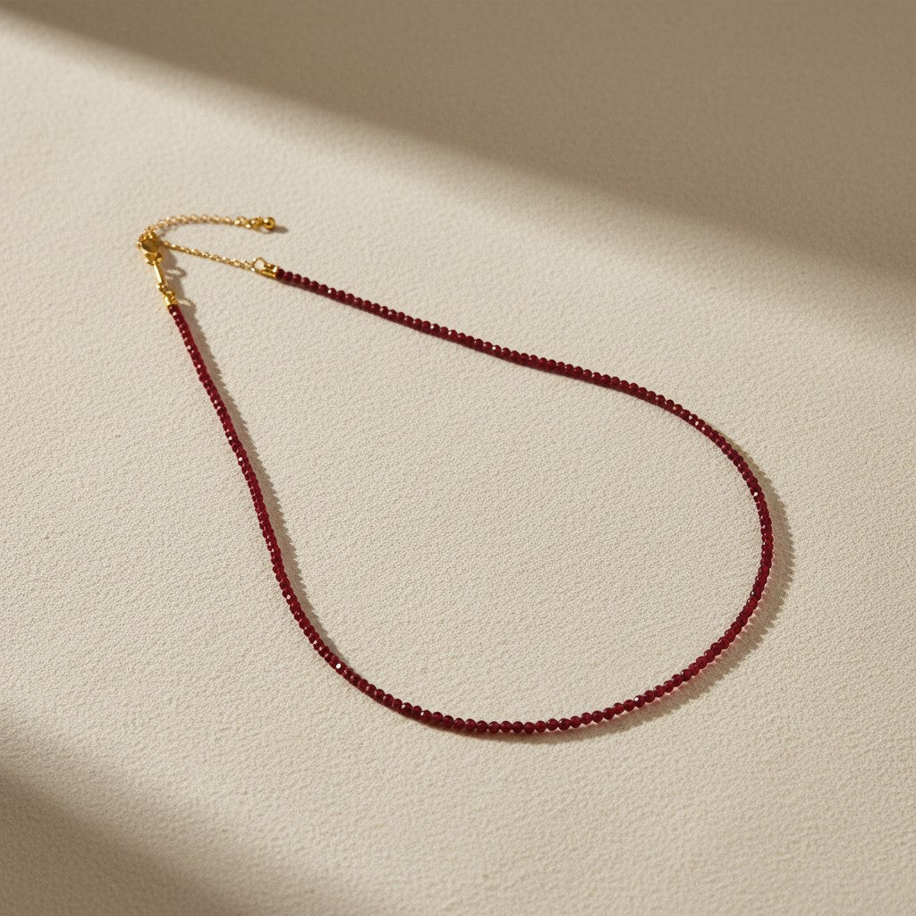 18k Gold Filled Ruby Jade Beaded Necklace | Rich Color, Minimalist Elegance