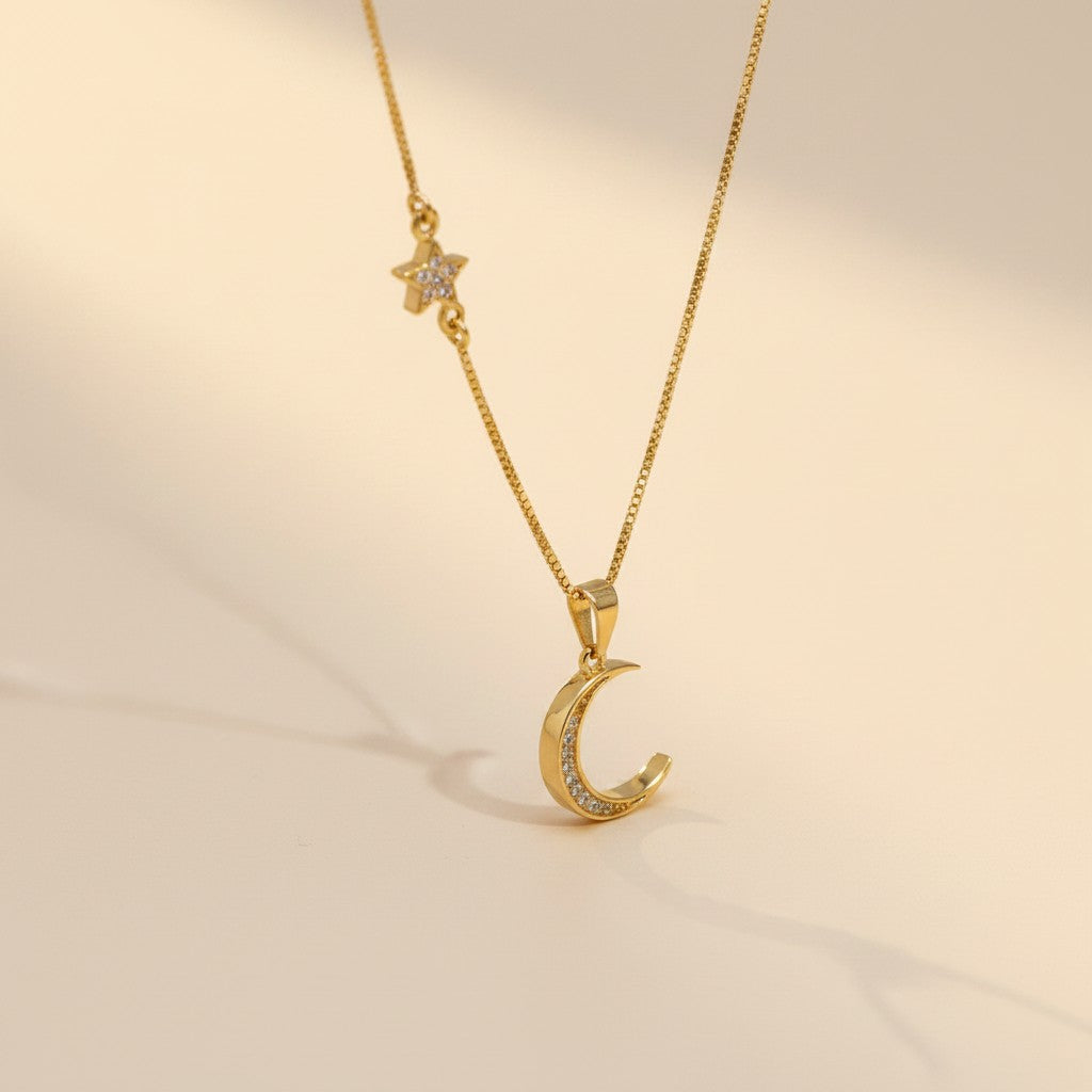 18k Gold Filled Crescent Moon &amp; Star Necklace | Celestial Sparkle