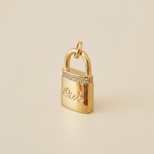 🔐 18k Gold Filled "Oui" Love Lock Pendant — Paris on the Neckline. Love, Locked. Always.