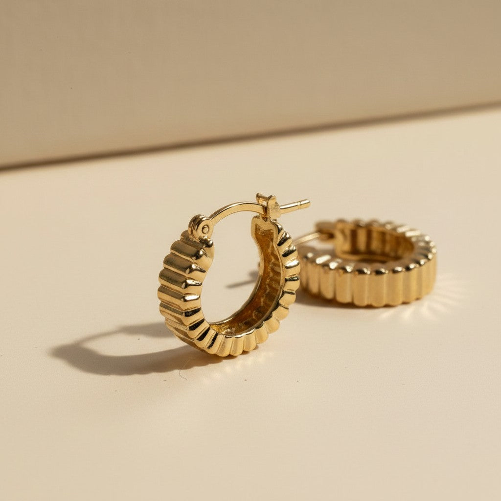 ✨ 18k Gold Filled Ridged Hoop Earrings — Horizontal Texture. Architectural Edge. The Hoop With Character.