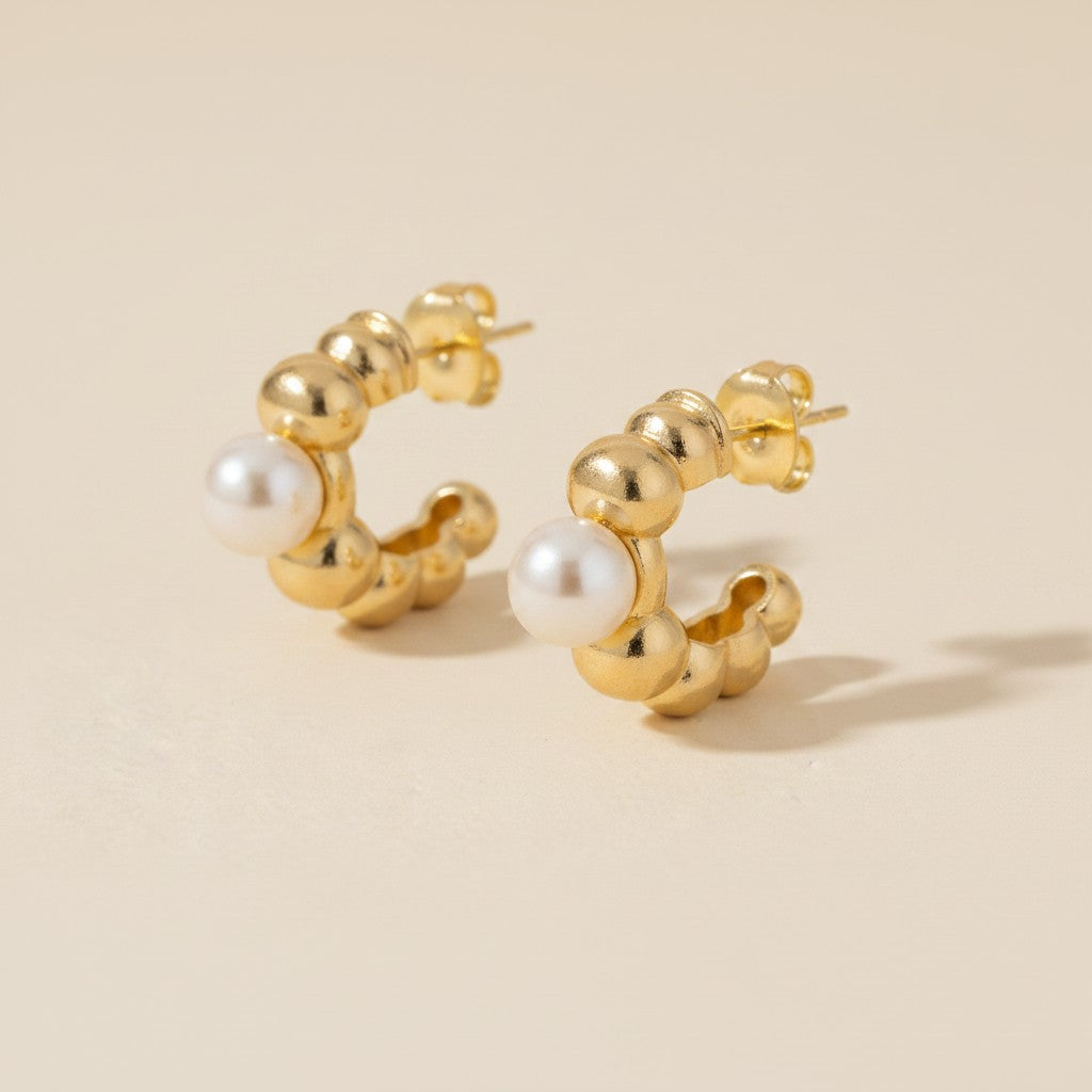 18k Gold Filled Beaded C-Hoop With Simulated Pearl