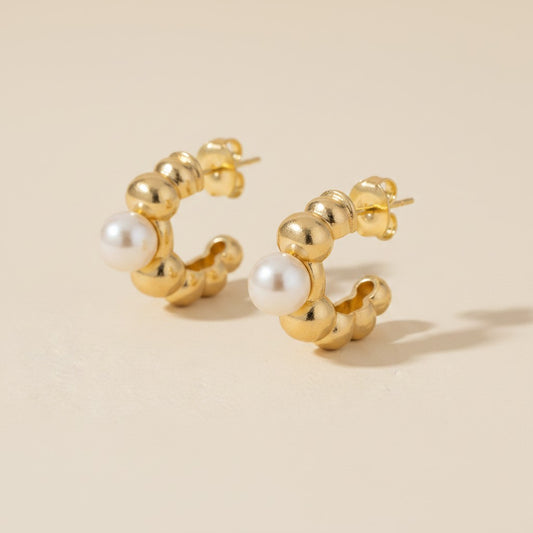 18k Gold Filled Beaded C-Hoop With Simulated Pearl