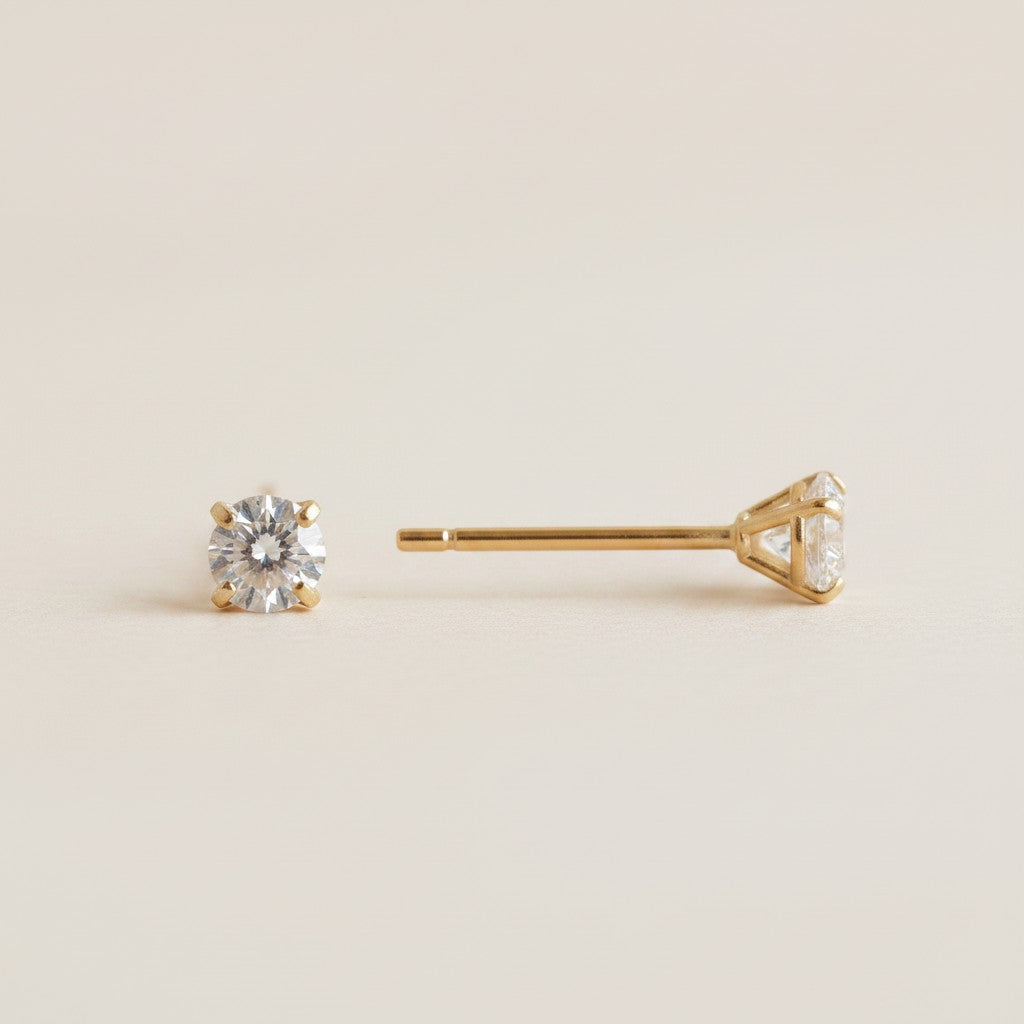 14k Solid Gold 4-Prong CZ Stud Earrings | Minimalist Fine Jewelry
