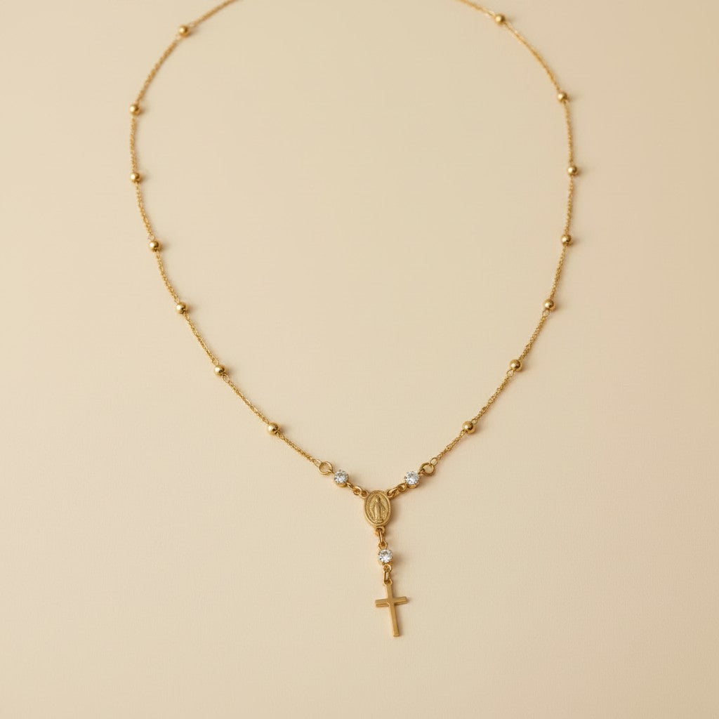 18k Gold Filled Our Lady of Graces Rosary Necklace | Faith, Elegantly Worn