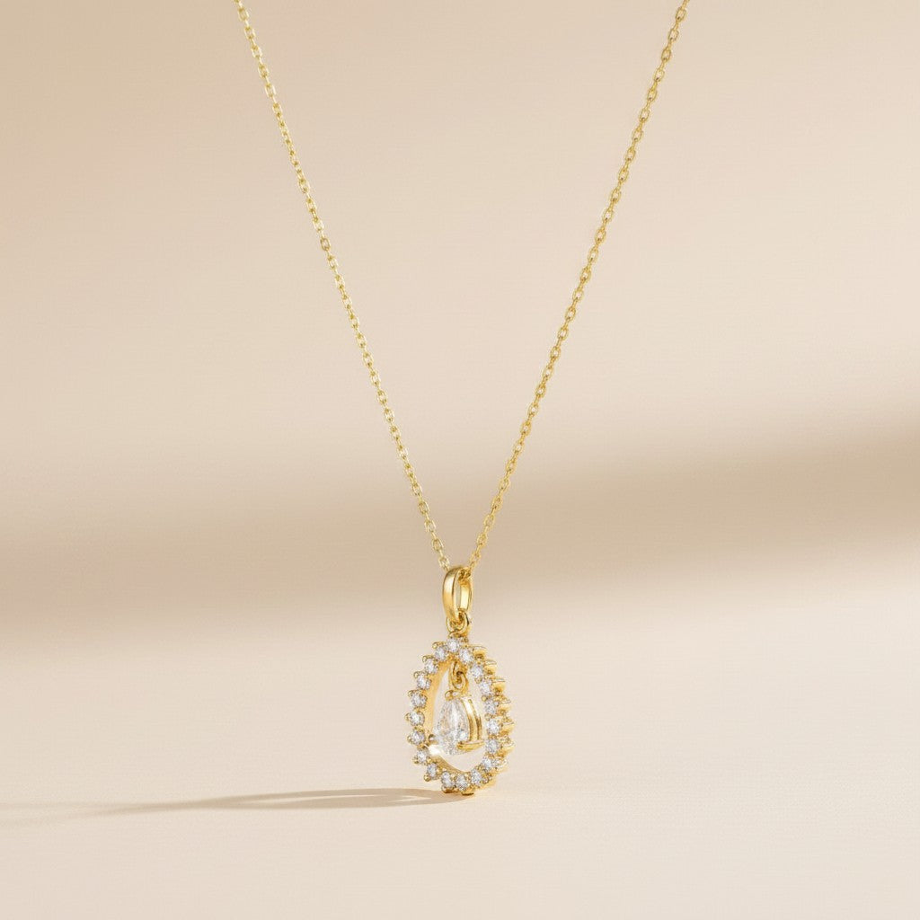 18k Gold Filled Pear Halo CZ Necklace — The Pendant That Looks Like Fine Jewelry