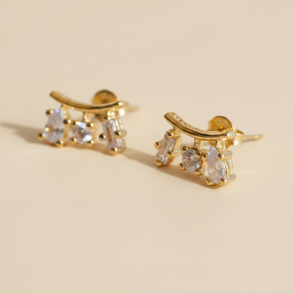 ✨ 18k Gold Filled Three-Shape CZ Cluster Stud Earrings — Drop. Circle. Baguette. One Masterful Composition.