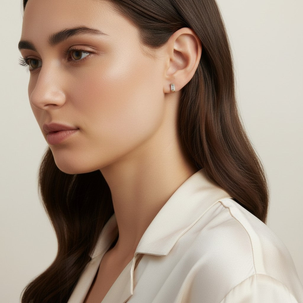 Baguette Stud Earrings - Minimalist CZ Diamond Studs for Women | Dainty