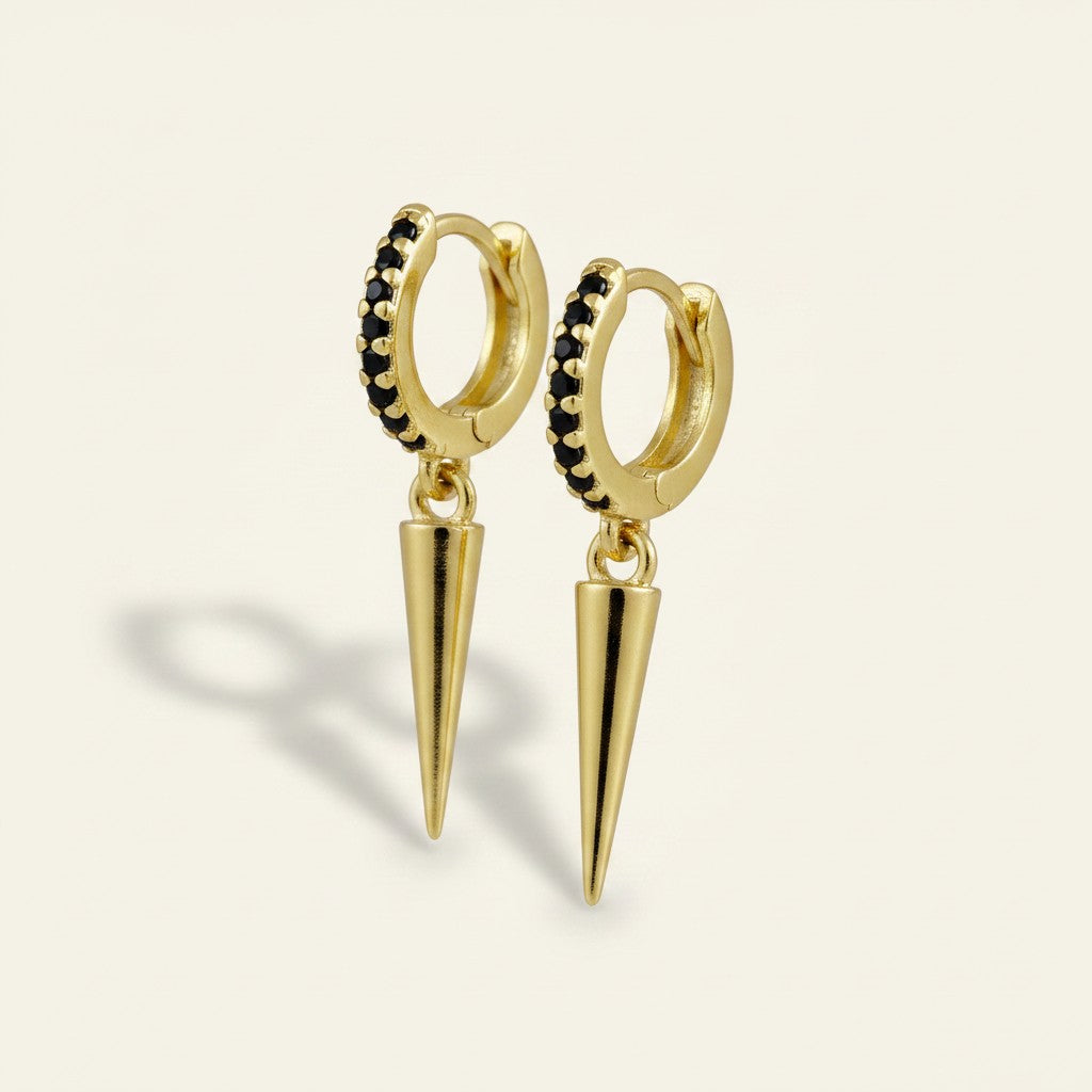 🖤 18k Gold Filled Black CZ Spike Hoop Earrings — Dark Crystal Above. Gold Point Below.