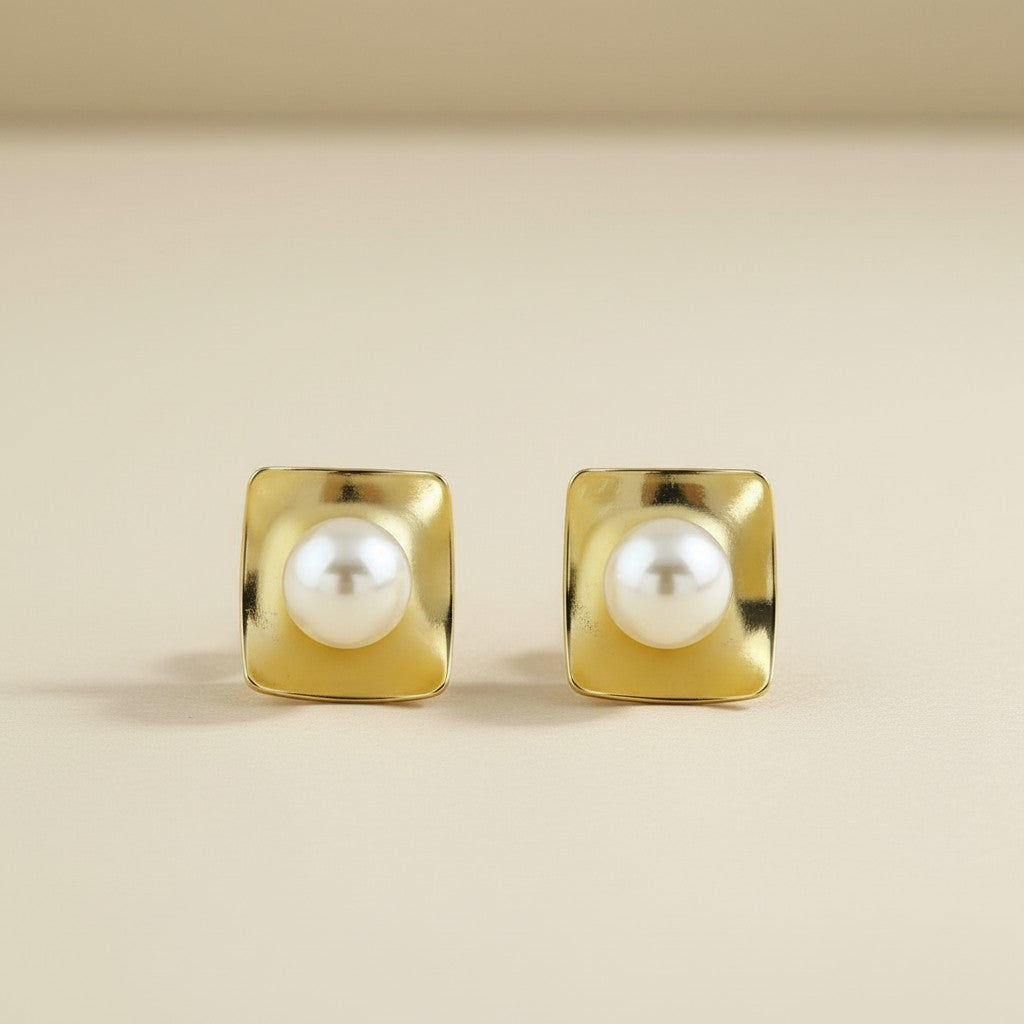 18k Gold Filled Pearl Stud Earrings In A Square Plate