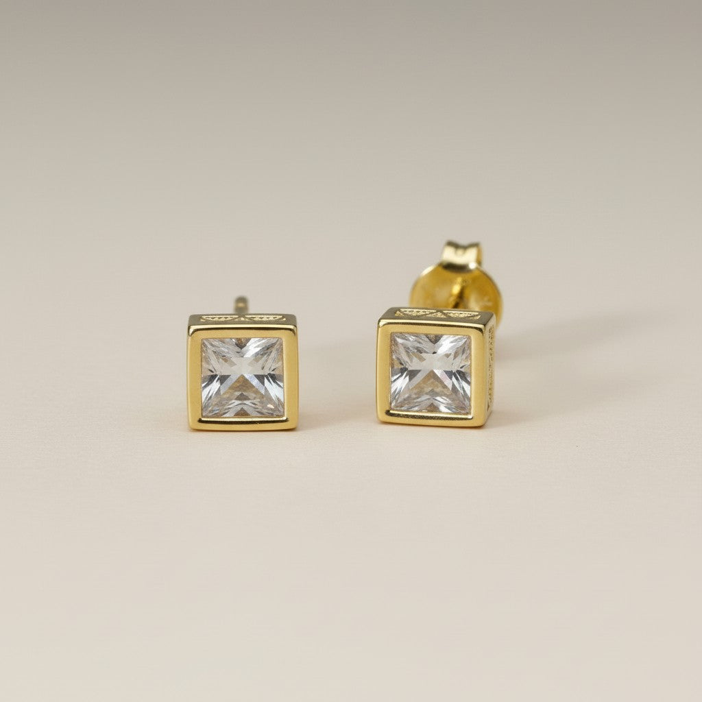 Handcrafted Square CZ Stud Earrings - Waterproof & Hypoallergenic