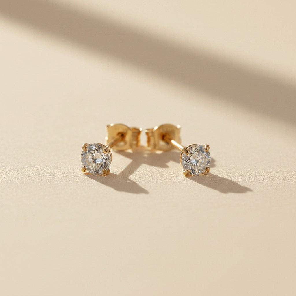 14k Solid Gold 4-Prong CZ Stud Earrings | Minimalist Fine Jewelry