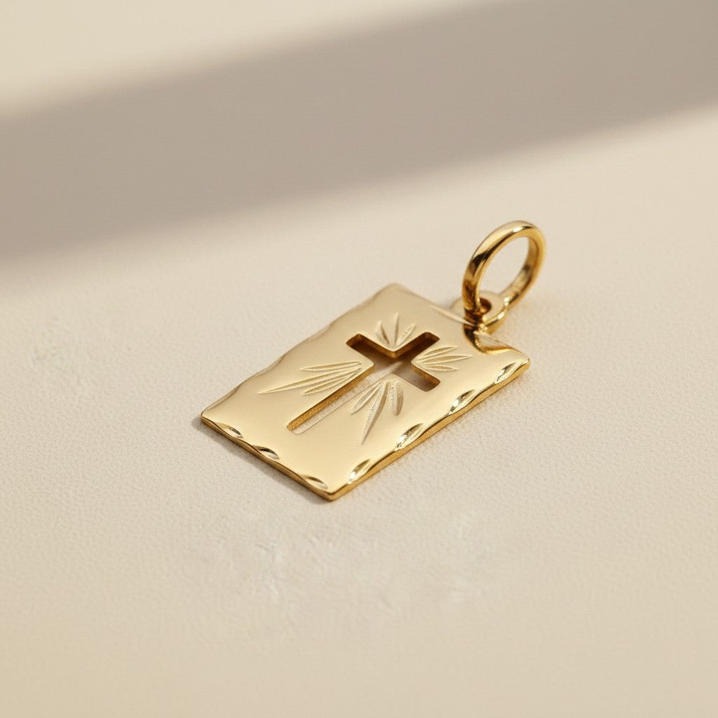 18k Gold Filled Hollow Cross Tag Plate Pendant | Vintage-Style Faith Piece