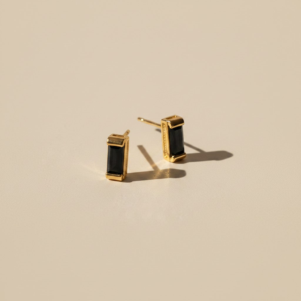 Black Cubic Zirconia Baguette Stud Earrings In 18k Gold Filled