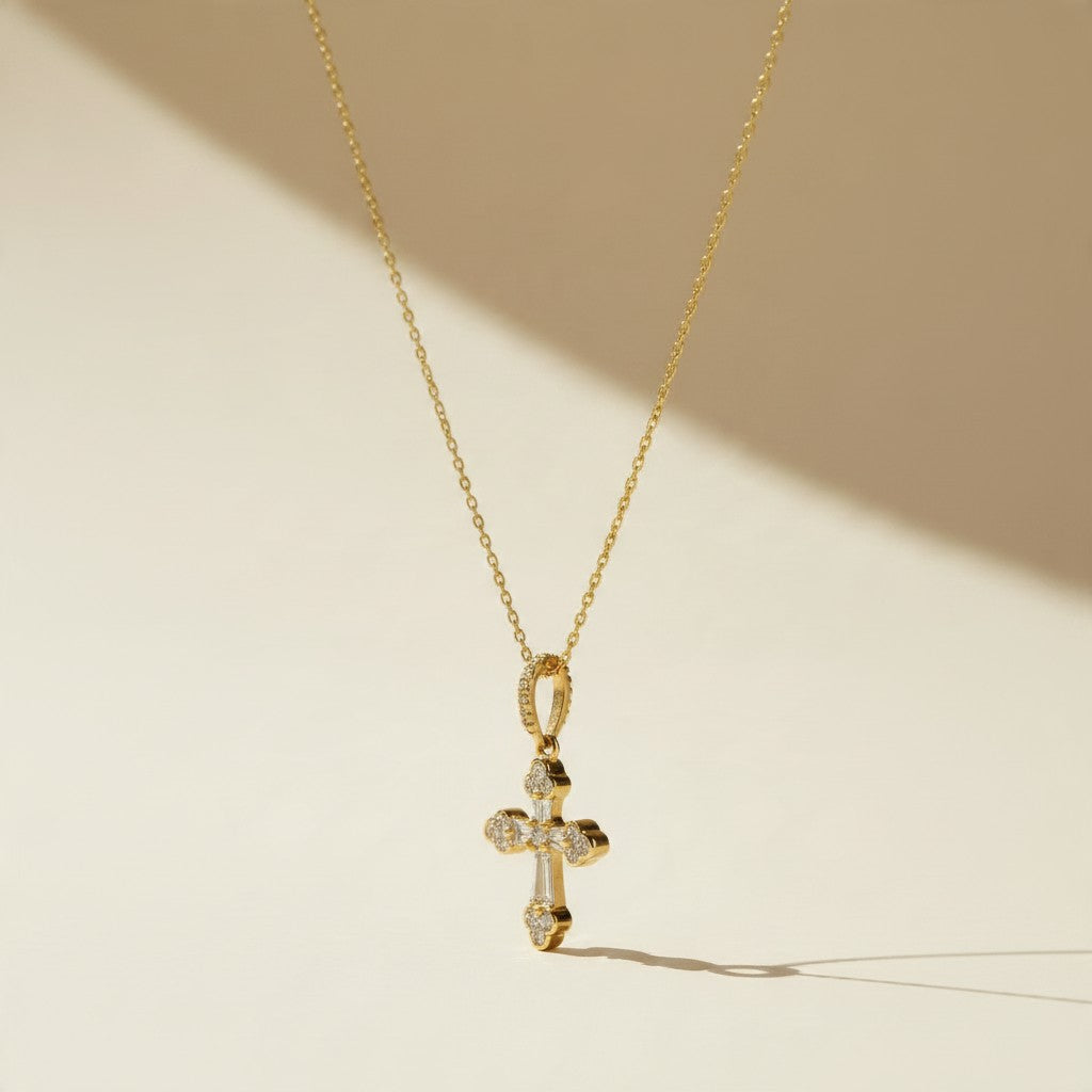 ✨ 18k Gold Filled CZ Cross Pendant Necklace — Round &amp; Baguette Stones. Mixed Settings. A Cross That Sparkles.