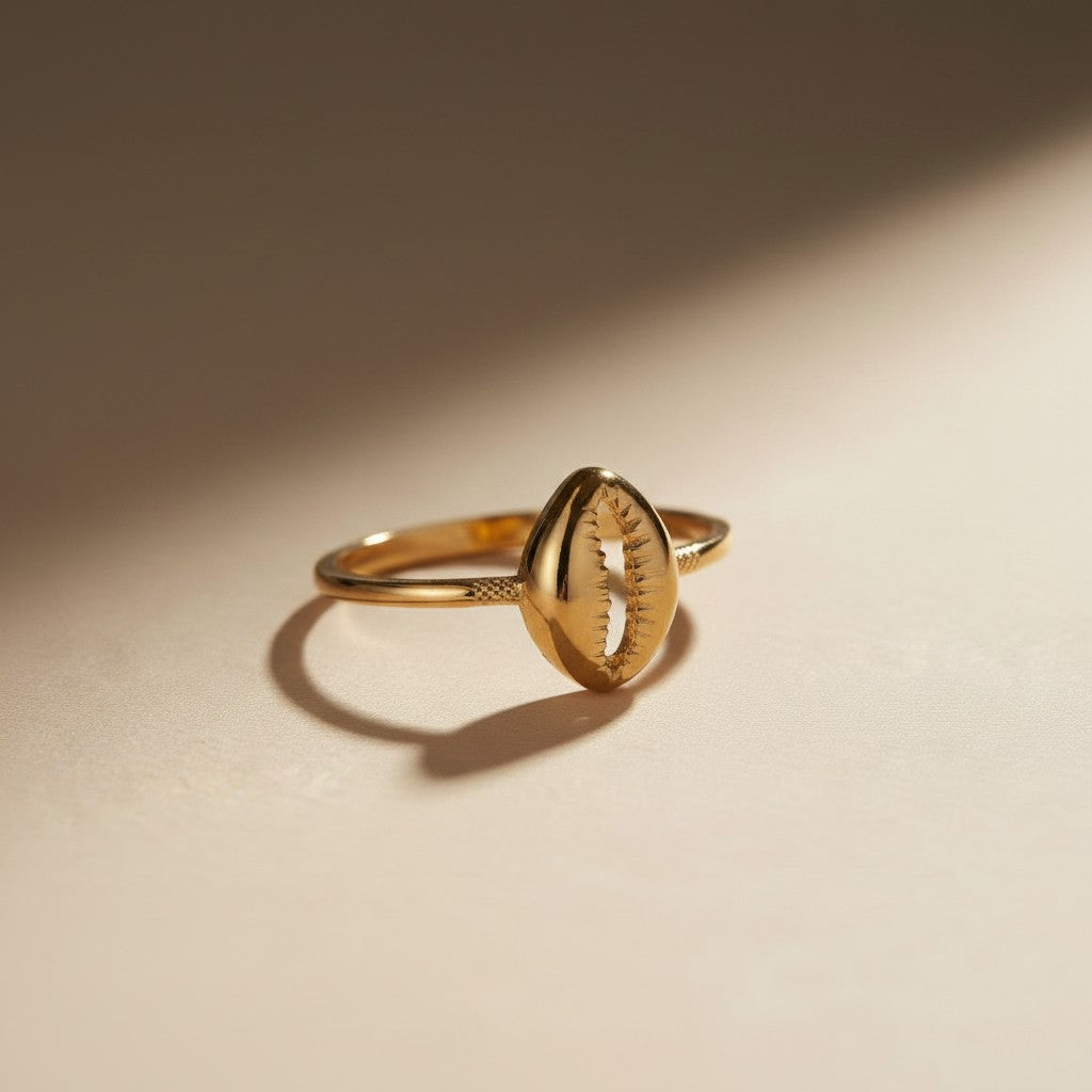 🐚 18k Gold Filled Cowrie Shell Ring — Prosperity. Destiny. Worn at the Finger in Warm Gold.
