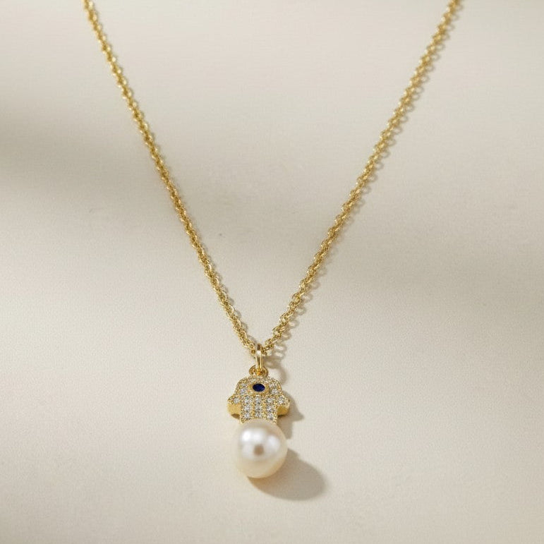 🪬 18k Gold Filled Hamsa Pearl Necklace — Wear Your Protection. Carry Your Intention.