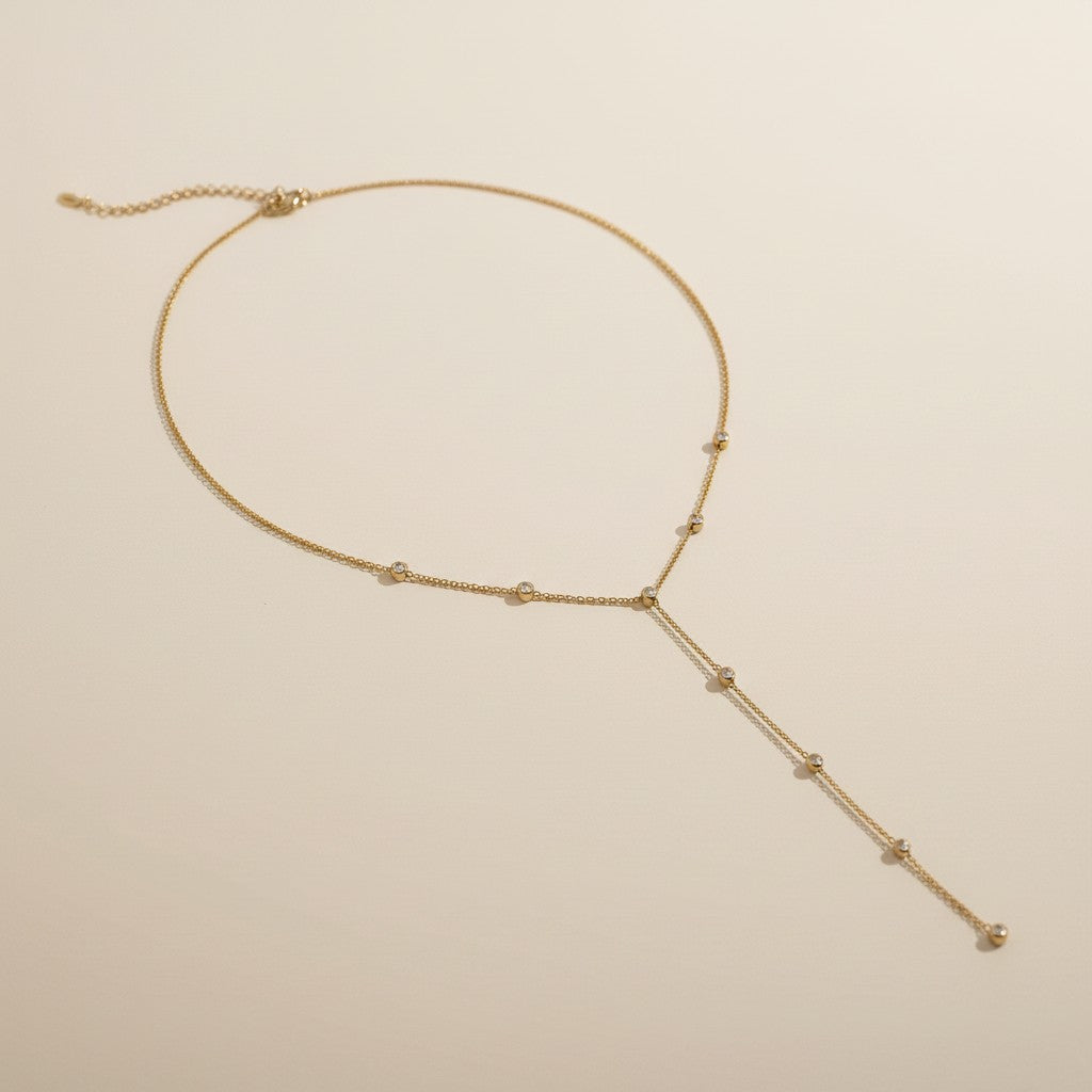 ✨ 18k Gold Filled CZ Bezel Lariat Necklace — One Line. One Stone. Every Neckline Flattered.