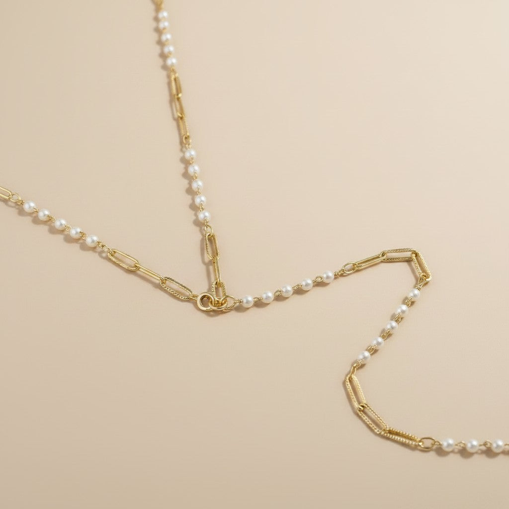 ✨ 18k Gold Filled Pearl & Paperclip Lariat Necklace — Where Modern Gold Meets Timeless Pearl