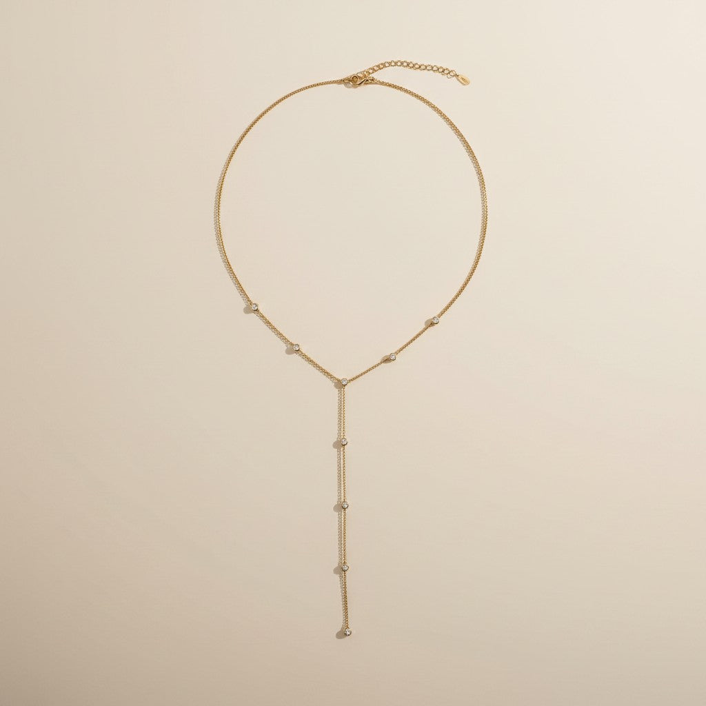 ✨ 18k Gold Filled CZ Bezel Lariat Necklace — One Line. One Stone. Every Neckline Flattered.