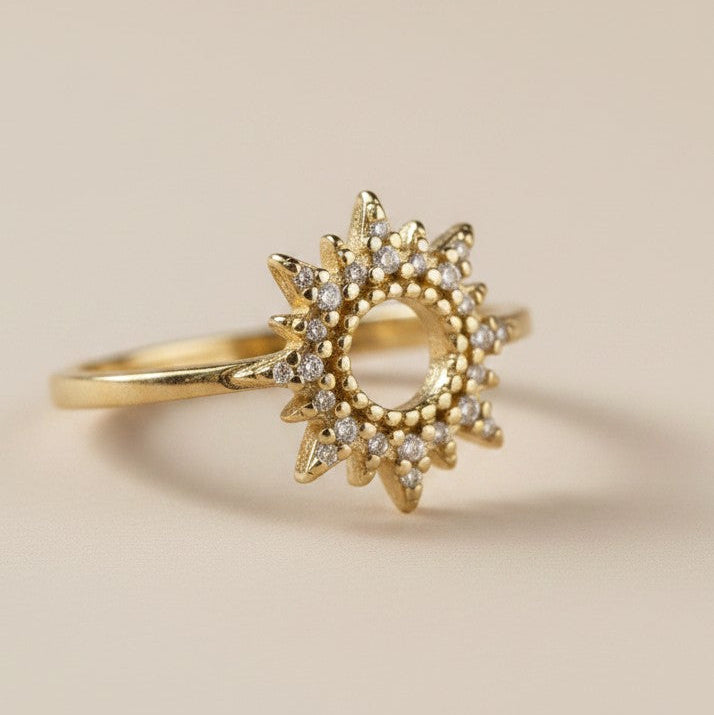 ✨ 18k Gold Filled Round Spike CZ Ring — One Brilliant Stone. A Crown of Gold Points. The Finger Transformed.