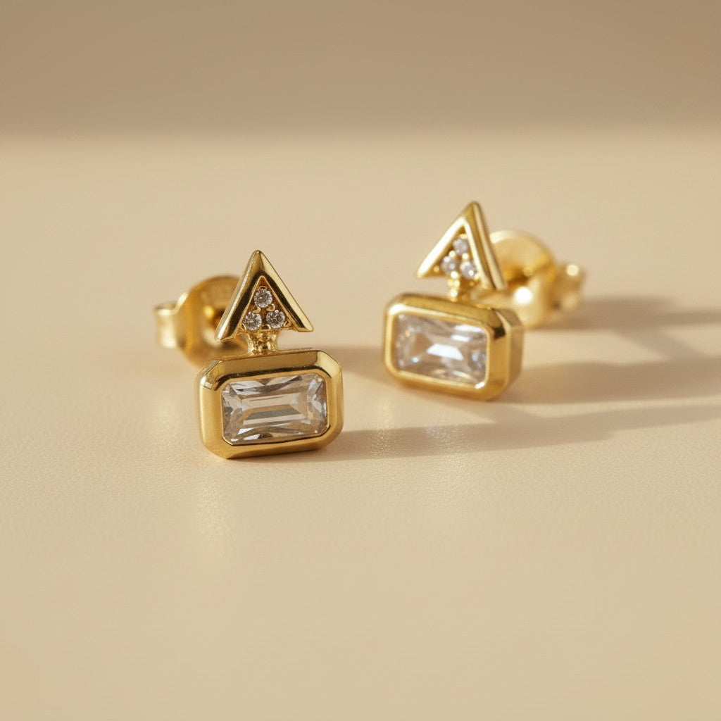 ✨ 18k Gold Filled Geometric CZ Stud Earrings — Two Shapes. Two Stone Techniques. One Architectural Stud