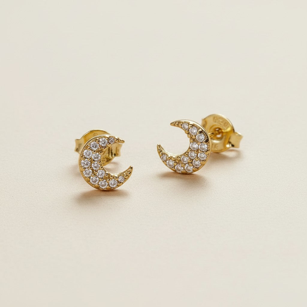 🌙 18k Gold Filled CZ Crescent Moon Stud Earrings — The Moon at the Ear. Sparkling Always