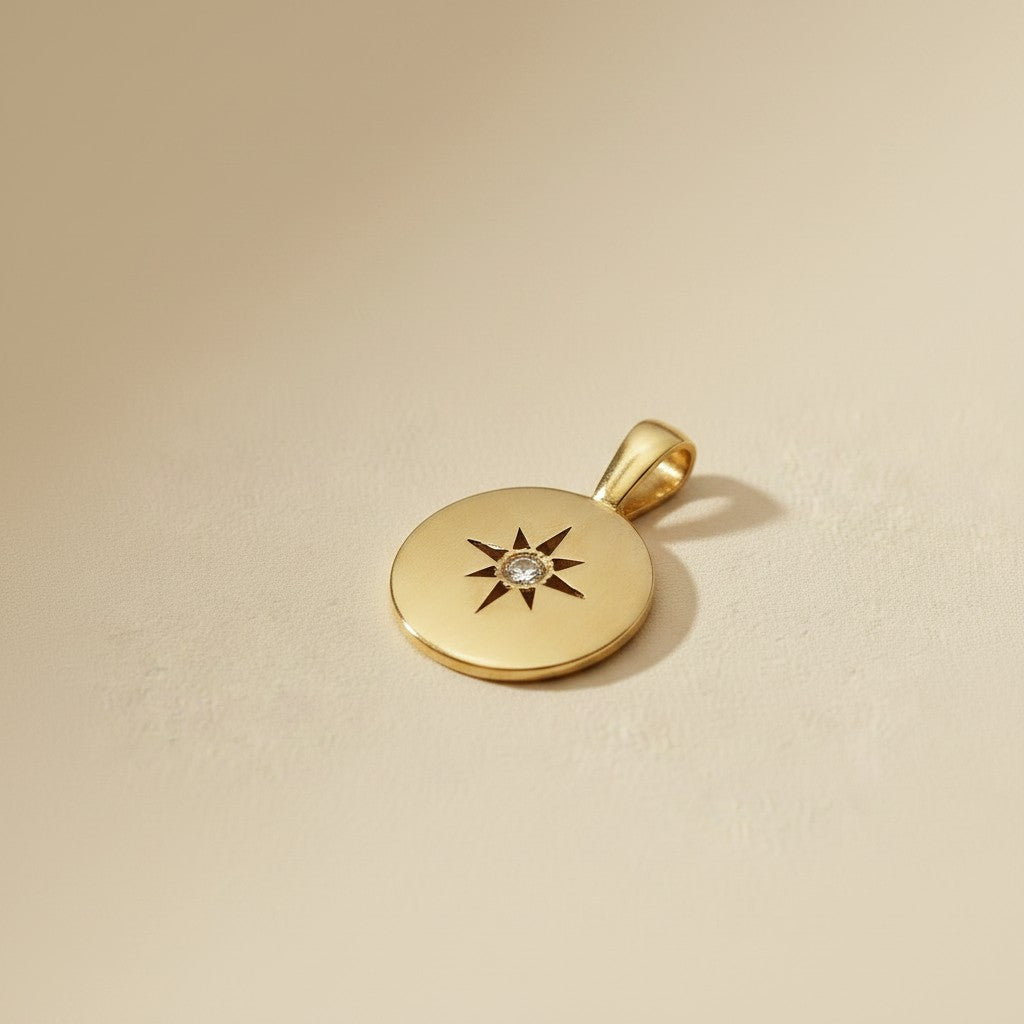 18k Gold Filled Starburst Plate Pendant With Cubic Zirconia Stone